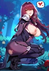 ai_generated big_breasts blush breasts clothing fate/grand_order fate_(series) huge_boobs huge_breasts huge_thighs looking_back nipples scathach_(fate) solo solo_female sweat thick thick_thighs torn_clothes