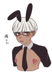 1boy brown_skin bunny_ears gay glasses go!_go!_loser_ranger! heart_pasties japanese_text male_only mtd99z5iusp4ml4 ranger_reject red_hair reverse_bunnysuit sentai_daishikkaku shion_kai text translation_request white_background white_hair yaoi