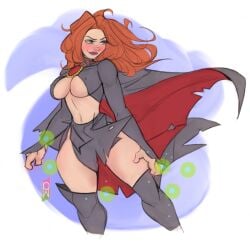 1girls black_clothing blue_eyes cloak exposed_breasts female female_only goblin_queen_(x-men) human human_only light-skinned_female light_skin madelyne_pryor magic marvel red_hair tomphelippe x-men