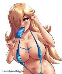 1girls artist_name bikini blonde_hair blue_bikini blue_swimsuit breasts female female_only huge_breasts leonart leonhenthighs licking_popsicle mario_(series) nintendo no_background open_mouth popsicle princess_rosalina sling_bikini solo white_background