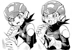 2boys blushing capcom cum_in_mouth cum_on_face cumshot facial fellatio gay heriyama male male_only mega_man mega_man_battle_network megaman.exe oral penis rockman rockman_exe rockman_exe_(character) testicles yaoi