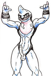 3_fingers anthro blue_skin erection front_view male male_only muscles nude penis pokemon solo standing tagme testicles toxicroak