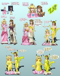 2girls crossover dopplegager female female_only furry human mario_(series) metroid nintendo pikachu pokemon princess_peach princess_zelda samus_aran the_legend_of_zelda transformation twilight_princess zelda_(twilight_princess)