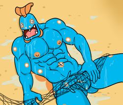 abs anthro blue_skin buffurun huntail male male_only muscles net nipples nude open_mouth orange_nipples pokemon solo tagme