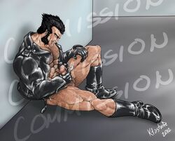 1boy 2012 bara boots bottomless clothes color footwear gloves hair hairy indoors jacket james_howlett ktastrofe leather_jacket looking_at_penis male male_only marvel marvel_comics masturbation muscles mutant open_clothes short_hair side_view sitting solo wolverine_(x-men) x-men yaoi