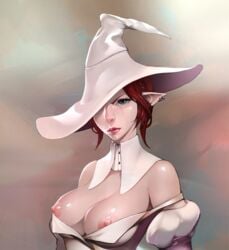 1girls blue_eyes earrings elezen final_fantasy final_fantasy_xiv multiple_earrings partially_clothed pointy_ears red_hair serious_look solo_female tagme white_hat witch_hat zerosabort