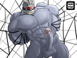 1boy abs angry arms_behind_back bald ball_gag bondage erect_penis erection gag green_eyes grey_skin large_penis machamp male male_only muscles muscular nintendo no_nipples nude penis poke_ball poke_ball_gag pokemon pokemon_(species) rope solo testicles text