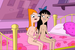 2girls accurate_art_style artist_request black_hair bow candace_flynn disney disney_channel edit female female_focus female_only human multiple_females multiple_girls naked nipples nude nude_female orange_hair phineas_and_ferb stacy_hirano tagme yuri