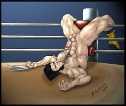 1boy 2012 abs bara beige_skin black_hair boots claws color footwear hair james_howlett ktastrofe male male_only marvel marvel_comics muscles mutant nude pecs short_hair solo upside-down wolverine_(x-men) wrestling_ring x-men yaoi