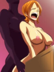 breasts cahlacahla closed_eyes color female hair human male nami nipples nude one_piece open_mouth orange_hair purple_skin sex straight tagme