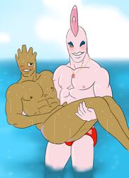 abs alomomola anthro bridal_carry brown_skin carrying clothes day hitmonchan interspecies male male_only multiple_males nintendo outdoors pokemon pokemon_(species) standing tagme topless water