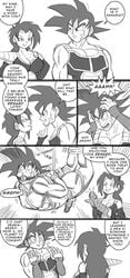 1boy 1girls ballgag bardock bdsm black_hair bondage comedy comic couple dragon_ball dragon_ball_multiverse dragon_ball_z female funsexydragonball hanasia male monochrome penis saiyan sex_toy strap-on testicles