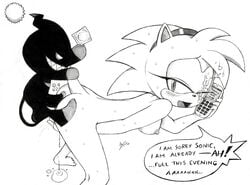 amy_rose anal anal_penetration anal_sex anthro anus breasts classic_amy_rose cum dark_chao dialogue english_text excito female fur furry furry_only hedgehog male mammal monochrome sega sex short_hair simple_background size_difference sonic_(series) sonic_the_hedgehog_(series) straight tagme text uncensored white_background