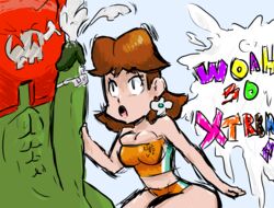 abs blue_eyes breasts brown_hair cleavage cumshot drawn earrings female green_body human kritter male mario_(series) mario_strikers nintendo open_mouth penis penis_grab princess_daisy shorts straight tagme topwear xroyxfirex