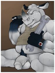 amwulf anthro balls belly biceps chubby condom furry grin looking_at_viewer male male_only musclegut muscles no_humans pecs penis pubes rhinoceros solo sweat uncut vest whyteyote wrench wristwatch