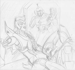 ariel_(transformers) autobot cybertronian elita_one korblborp megatron megatronus monochrome orion_pax rough_sketch straight transformers