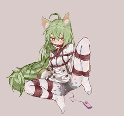 ahoge akashi_(azur_lane) amiba_(amiba00638239) animal_ears arms_behind_back azur_lane ball_gag bangs black_sailor_collar blush bondage bound bound_arms bound_legs bow breasts cat_ears clothing female full_body gag gagged green_hair half-closed_eyes heart heart-shaped_pupils long_hair long_sleeves medium_breasts messy_hair panties panties_under_pantyhose pantyhose pussy_juice red_bow remote_control_vibrator rope sailor_collar shibari_over_clothes shirt simple_background sitting skindentation solo spread_legs symbol-shaped_pupils underwear very_long_hair vibrator vibrator_cord vibrator_under_clothes wet wet_clothes white_legwear white_shirt yellow_eyes