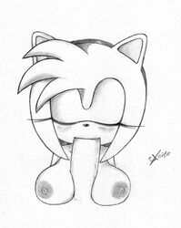 1boy 1girls amy_rose anthro areolae bangs blushing closed_eyes disembodied_penis erect excito eyelashes fellatio female fur hand_drawn headband hedgehog huge_cock long_penis looking_at_viewer male mammal medium_breasts monochrome oral paizuri pencil_(artwork) penis pov puffy_nipples sega sketch sonic_(series) spines straight traditional_media_(artwork)