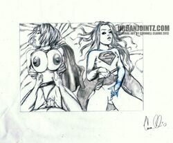 1boy 2013 2girls big_breasts breasts cornnell_clarke dc_comics faceless_male female kara_zor-el kara_zor-l karen_starr large_breasts male monochrome power_girl sex straight supergirl superman_(series)