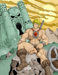 1boy abs bara biceps blonde_hair blue_eyes boots he_man human icemanblue male male_only masters_of_the_universe muscle muscles partially_clothed pecs penis penis_piercing piercing proud_of_his_cock smirk solo testicles vein weapon