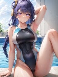 1girls 2023 ai_generated bad_hands curvaceous curvy_female curvy_figure genshin_impact highres latex_swimsuit long_hair looking_at_viewer mihoyo purple_hair raiden_shogun swimsuit swimwear voluptuous wet_body wet_clothes