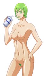 1girls breasts female female_only foo_fighters green_eyes green_hair green_lipstick hand_on_hip holding_drink jojo's_bizarre_adventure light-skinned_female light_skin looking_at_viewer medium_breasts naked nude pubic_hair short_hair shounen_jump smile solo solo_female soulllmyr stone_ocean tagme toned toned_female