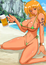 beer breasts clothes color cup day female female_only hair holding human kneeling nami one_piece orange_hair outdoors rai_on_(abc3639) solo tagme tan_skin tattoo