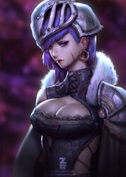 armor blue_eyes cleavage cleavage_cutout earrings facial_scar female hair headgear helmet paul_kwon purple_hair scar short_hair solo zeronis