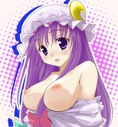 between_breasts breasts bust crescent crescent_moon female female_only hair_between_breasts halftone halftone_background hat highres human jpeg_artifacts large_breasts long_hair mahan nipples off_shoulder patchouli_knowledge polka_dot polka_dot_background purple_eyes purple_hair solo surprised touhou