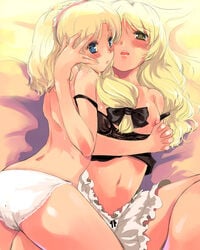 2girls alice_margatroid ass blonde_hair bloomers bloomers_(victorian) blue_eyes blush breasts camisole female hairband hand_holding holding_hands human kfc lace-trimmed_panties long_hair lying marisa_kirisame multiple_girls nipples ocean panties short_hair source_request topless touhou underwear underwear_only white_panties yellow_eyes yuri yuu_(kfc)