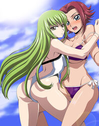 2girls ass back bikini blue_eyes blush breasts c.c. cloud code_geass embarrassed female female_only green_hair isse kallen_stadtfeld large_breasts long_hair looking_back lowleg lowleg_bikini multiple_girls one-piece_thong open_mouth panties red_hair short_hair side-tie_bikini strap_slip swimsuit thong underboob underwear wardrobe_malfunction yellow_eyes yuri