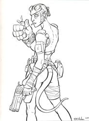 ammo_belt ass back_view belt black_and_white dark_horse female female_only gun hellboy hellboy_(series) lighter line_art looking_back monochrome pistol revolver rule_63 short_hair solo tail weapon white_background