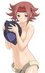 belt blue_eyes code_geass female headband headwear_removed helmet helmet_removed holding_helmet imo_works kallen_stadtfeld nude red_hair short_hair solo