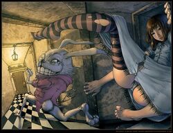 1boy 1girls 2005 alice_in_wonderland alice_liddell brown_hair clothed clothed_female clothed_male clothing door female female_focus giantess hallway inside jacket light light-skinned_female monocle panties randis ripped_pantyhose short_hair watch white_rabbit_(wonderland)