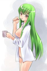 1girls bottomless breasts brushing_teeth c.c. code_geass green_hair no_bra open_clothes open_shirt orange_eyes panties shirt solo thighs toothbrush underwear white_panties yukian