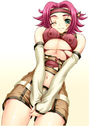 bandage bandages bandaid bare_shoulders blue_eyes blush breast_squeeze breasts code_geass daikobutu erect_nipples female kallen_stadtfeld large_breasts pink_hair red_hair shiruko short_hair sleeveless sleeveless_turtleneck smirk torn_clothes turtleneck underboob wink