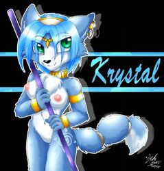2004 2d anthro armlet black_nose blue_fur blue_hair bracelet breasts character_name choker closed_mouth color ear_piercing female female_only fox front_view fur furry furry_breasts furry_ears furry_only furry_tail green_eyes hair holding inuki krystal looking_at_viewer nintendo nipples nude open_eyes piercing pink_nipples pointy_ears short_hair solo staff standing star_fox tail white_fur