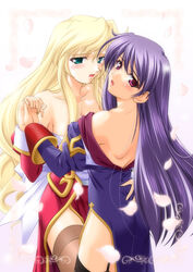 2girls bare_shoulders blonde_hair china_dress chinadress chogenbo_musasiya female garter_belt green_eyes high_priest high_priest_(ragnarok_online) highres lingerie multiple_girls musashiya_chougenbou petals pink_eyes priest priest_(ragnarok_online) priestess purple_hair ragnarok_online thighhighs underwear yuri