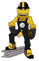 blue_eyes boots circumcised collared_shirt five_o'clock_shadow flaccid football gloves hard_hat logo male_only mascot nfl pants_open penis_out pittsburgh_steelers steely_mcbeam