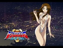 belly blue_eyes breasts brown_hair buildings city cleavage clouds erect_nipples female happy long_hair midriff misha_miramond mound_of_venus navel night night_sky nipples nude one-piece_swimsuit outdoors sideboob sky sling_bikini smile solo swimsuit transformers transformers_energon transformers_superlink wind