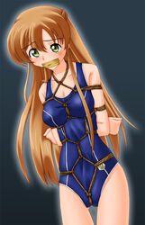 arms_behind arms_behind_back bondage bound bound_arms breast_bondage code_geass crotch_rope gag gagged green_eyes kannazuki_okuto kikkou_shibari long_hair matanawa one-piece_swimsuit orange_hair rope rope_bondage school_swimsuit shirley_fenette solo swimsuit tape tape_gag taped_mouth tied tied_up