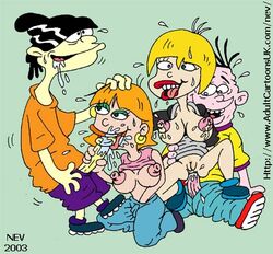 2003 2boys 2girls 4_fingers big_breasts blonde_hair breasts cartoon_network cum double_d earrings ed_edd_n_eddy eddy_(ed_edd_n_eddy) eyelashes ginger green_background green_eyeshadow kneeling light-skinned_female nazz_van_bartonschmeer nev nipples orange_shirt red_lipstick redhead sarah_(ed_edd_n_eddy) sitting straight_hair tagme yellow_earrings