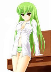 bottomless bow bow_panties c.c. code_geass dress_shirt green_hair green_panties katsuragi_niya panties shirt solo striped striped_panties underwear