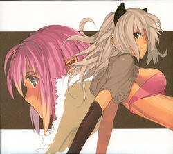 2girls animal_ears areola_slip areolae arm_support breasts brown_eyes cat_ears elbow_gloves female female_only gloves grey_hair highres long_hair morii_shizuki multiple_girls pink_hair ragnarok_online thief