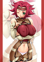 areolae bare_shoulders blush bodysuit bow bow_panties breast_hold breasts code_geass erect_nipples female green_eyes huge_breasts impossible_clothes impossible_clothing impossible_shirt kallen_stadtfeld panties red_hair shirt shiruko sleeveless sleeveless_turtleneck solo turtleneck underwear white_panties wink zoom_layer