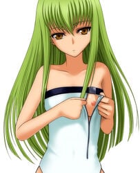 1girls 40010prototype bare_shoulders breasts c.c. code_geass female green_hair long_hair nipples solo undressing yellow_eyes zipper