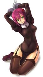 akamaru ball_gag black_dress black_legwear black_thighhighs bondage chains dress erect_nipples gag gagged garter_belt green_eyes lingerie panties priest priest_(ragnarok_online) priestess ragnarok_online ribbon side-tie_panties sitting solo thighhighs underwear white_panties