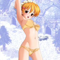 armpits blush bra brown_eyes female gloves hair_ornament hairband hairclip kafra kazuma_muramasa lace-trimmed_bra lace-trimmed_panties lingerie lowleg lowleg_panties midriff navel open_mouth orange_hair panties ragnarok_online short_hair simple_background solo standing underwear yellow_panties