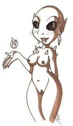 1girls bald breasts color doom ear_piercing female female_only fire front_view imp_(doom) looking_at_viewer nipples nude open_eyes piercing pointy_ears pussy simple_background solo spike vulva white_background