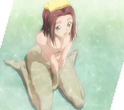 bath breast_squeeze breasts cap code_geass female kallen_stadtfeld kneeling nude red_hair screencap sitting solo stitched towel towel_on_head v_arms